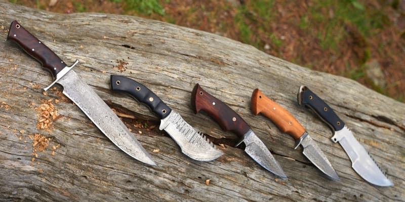 Row of hunting knives laid out on a fallen log