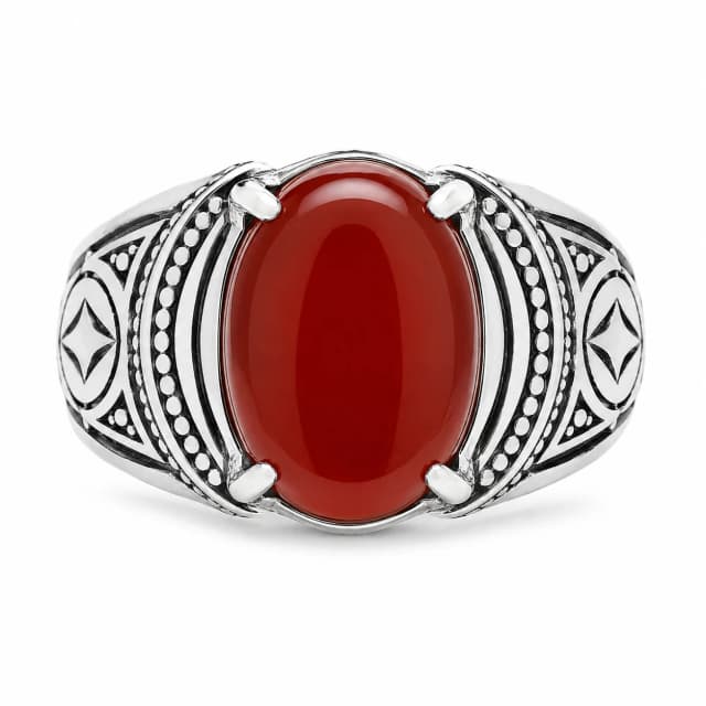 Red aqeeq cabochon in an oxidised sterling silver ring