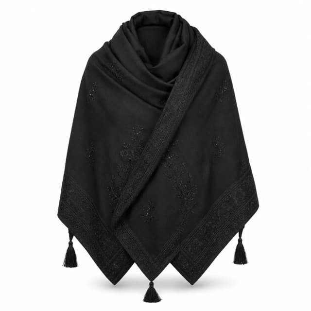 Black embroidered Hussaini shawl with tasselled corners