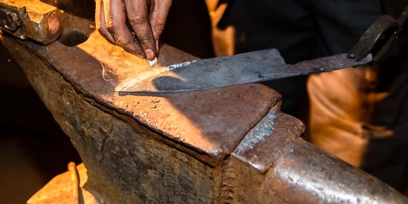 Damascus steel billet under the forge hammer